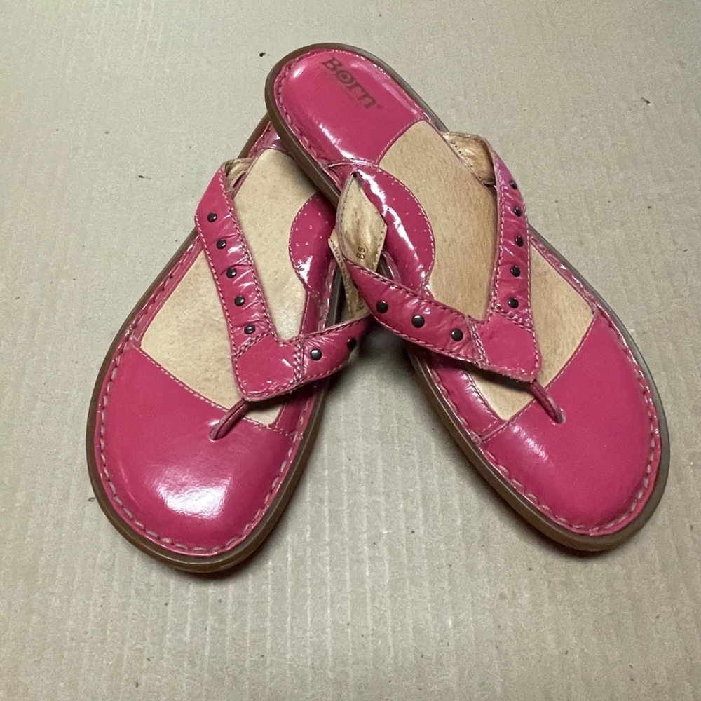 Børn Sz 8/ 38.5 Freesia Pink Leather Flat‎ Thong Stud Comfort Sandal Flip Flops